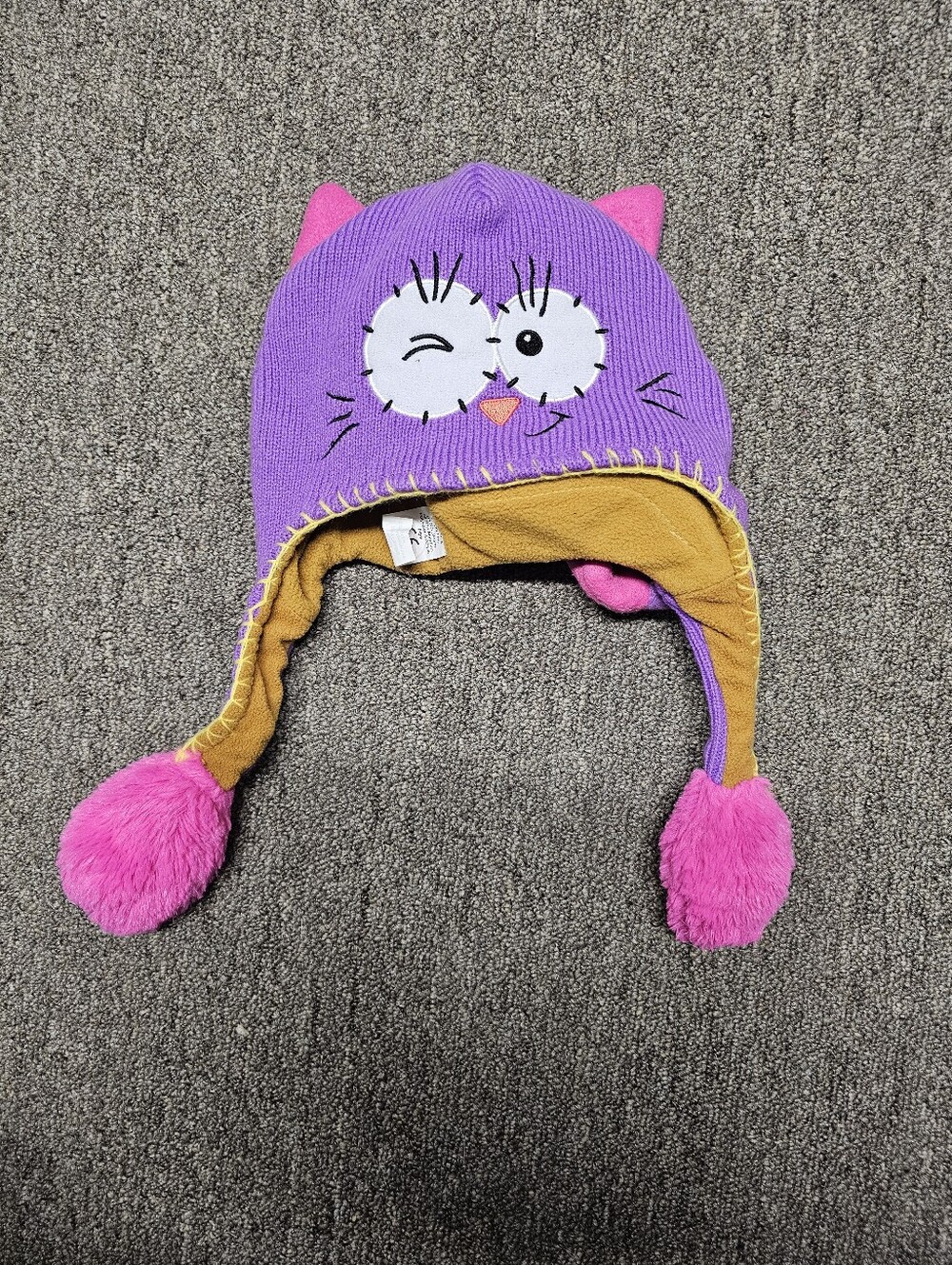 Kids Purple Owl Beanie Hat with Pink Pom-Poms